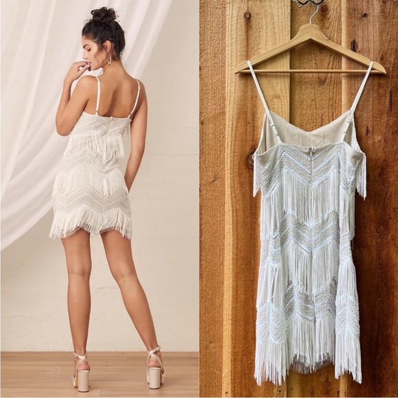 White and Beige Sequin Fringe Flapper Mini Dress 🌿 - Picture 3 of 16